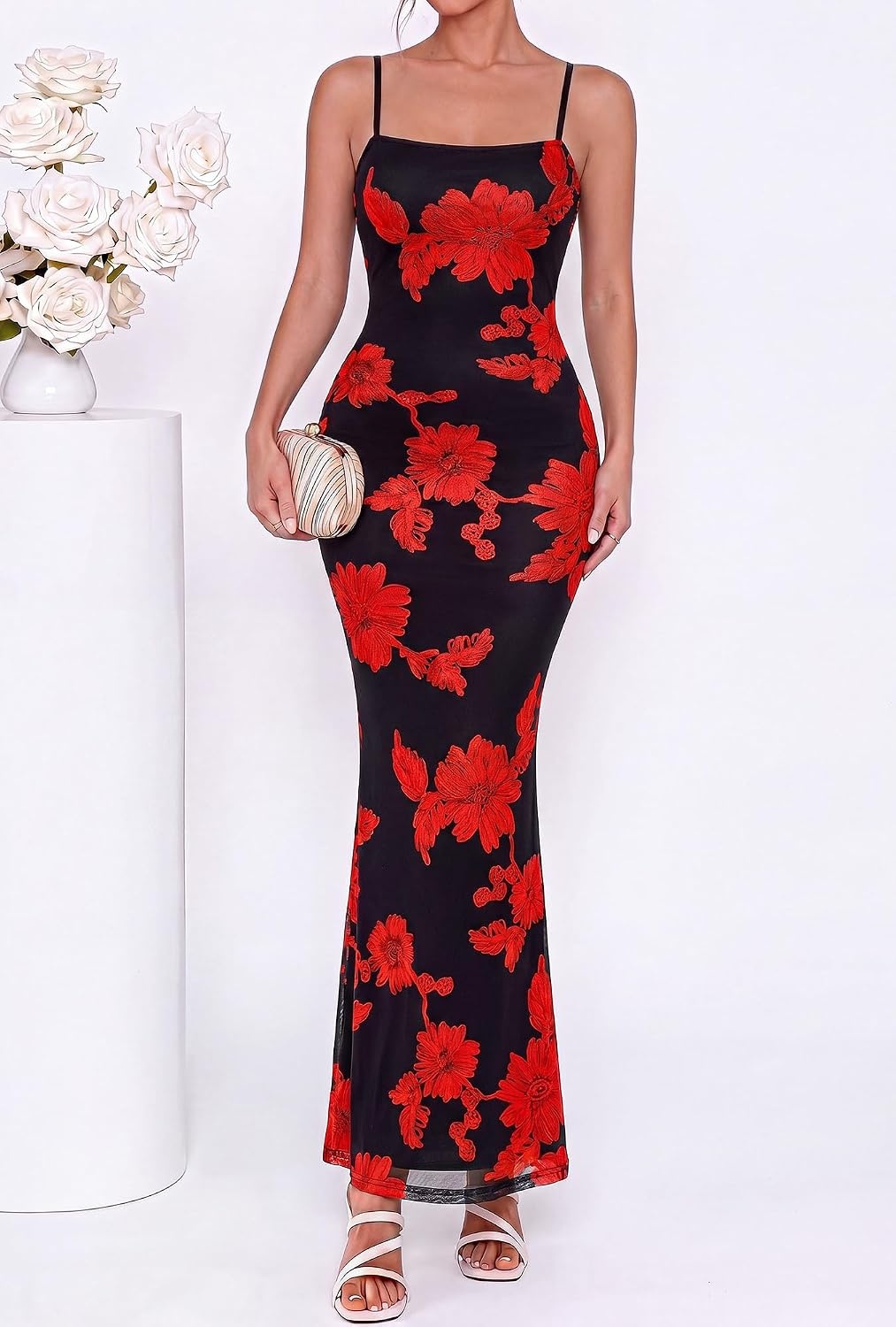 image:imageBTFBM Womens Summer Maxi Dress 2026 Floral Mesh Spaghetti Straps Sleeveless Sexy Bodycon Wedding Cocktail Party DressesFloral Black Red