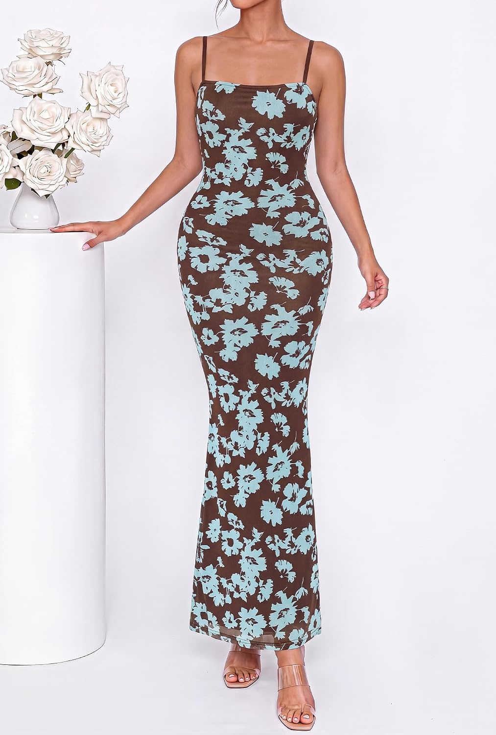 image:imageBTFBM Womens Summer Maxi Dress 2026 Floral Mesh Spaghetti Straps Sleeveless Sexy Bodycon Wedding Cocktail Party DressesFloral Blue