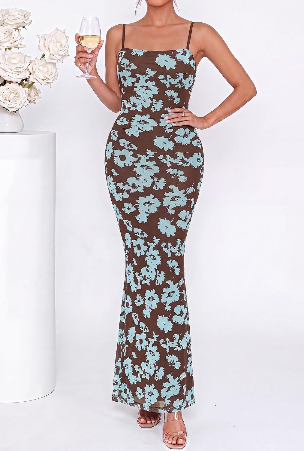 image:imageBTFBM Womens Summer Maxi Dress 2026 Floral Mesh Spaghetti Straps Sleeveless Sexy Bodycon Wedding Cocktail Party DressesFloral Blue