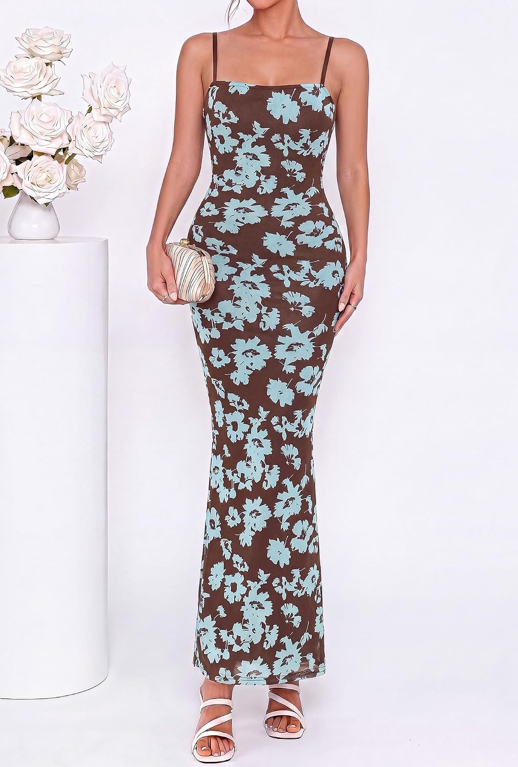 image:imageBTFBM Womens Summer Maxi Dress 2026 Floral Mesh Spaghetti Straps Sleeveless Sexy Bodycon Wedding Cocktail Party DressesFloral Blue