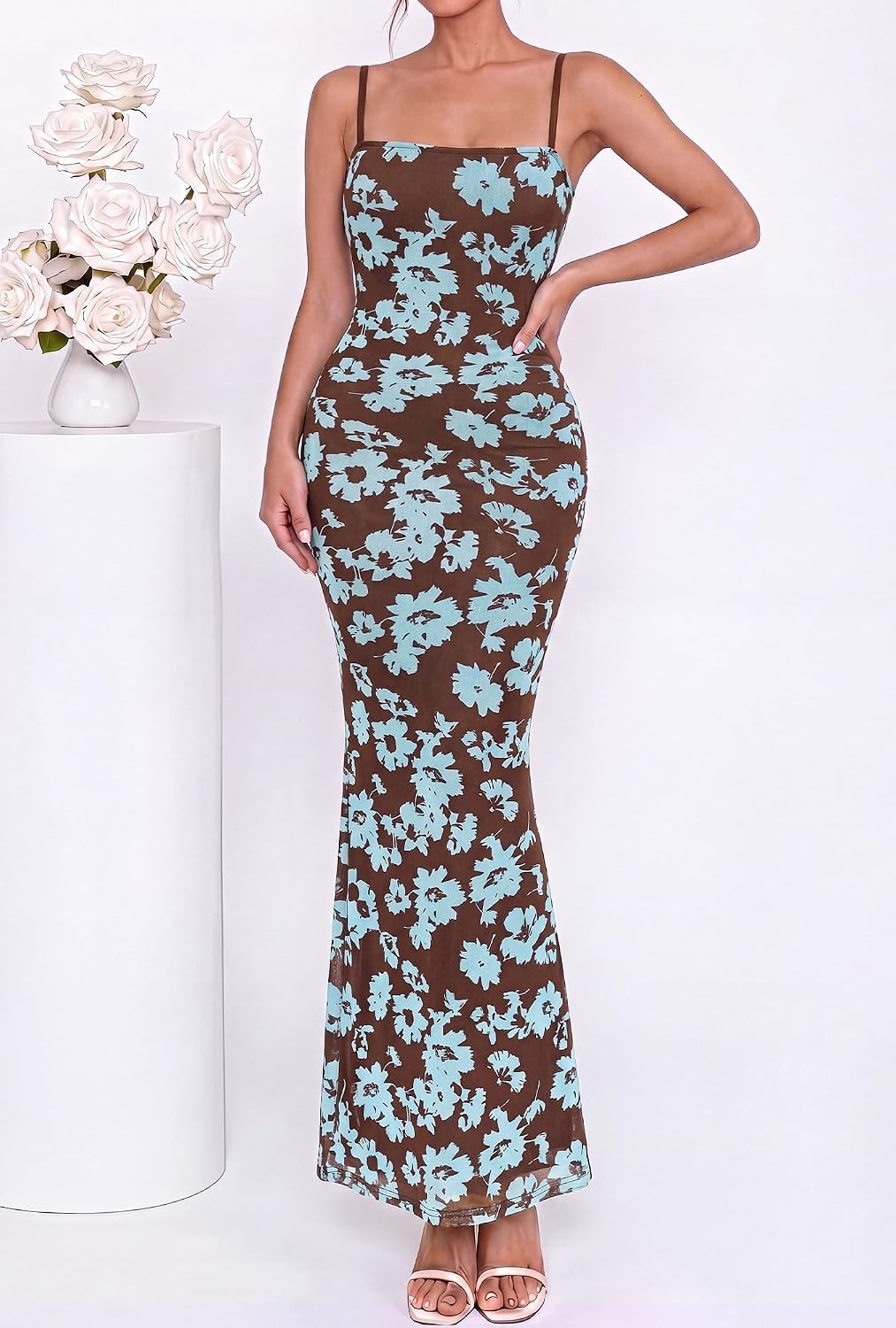image:imageBTFBM Womens Summer Maxi Dress 2026 Floral Mesh Spaghetti Straps Sleeveless Sexy Bodycon Wedding Cocktail Party DressesFloral Blue