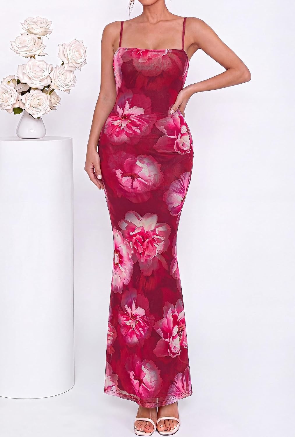 image:imageBTFBM Womens Summer Maxi Dress 2026 Floral Mesh Spaghetti Straps Sleeveless Sexy Bodycon Wedding Cocktail Party DressesFloral Rose Pink