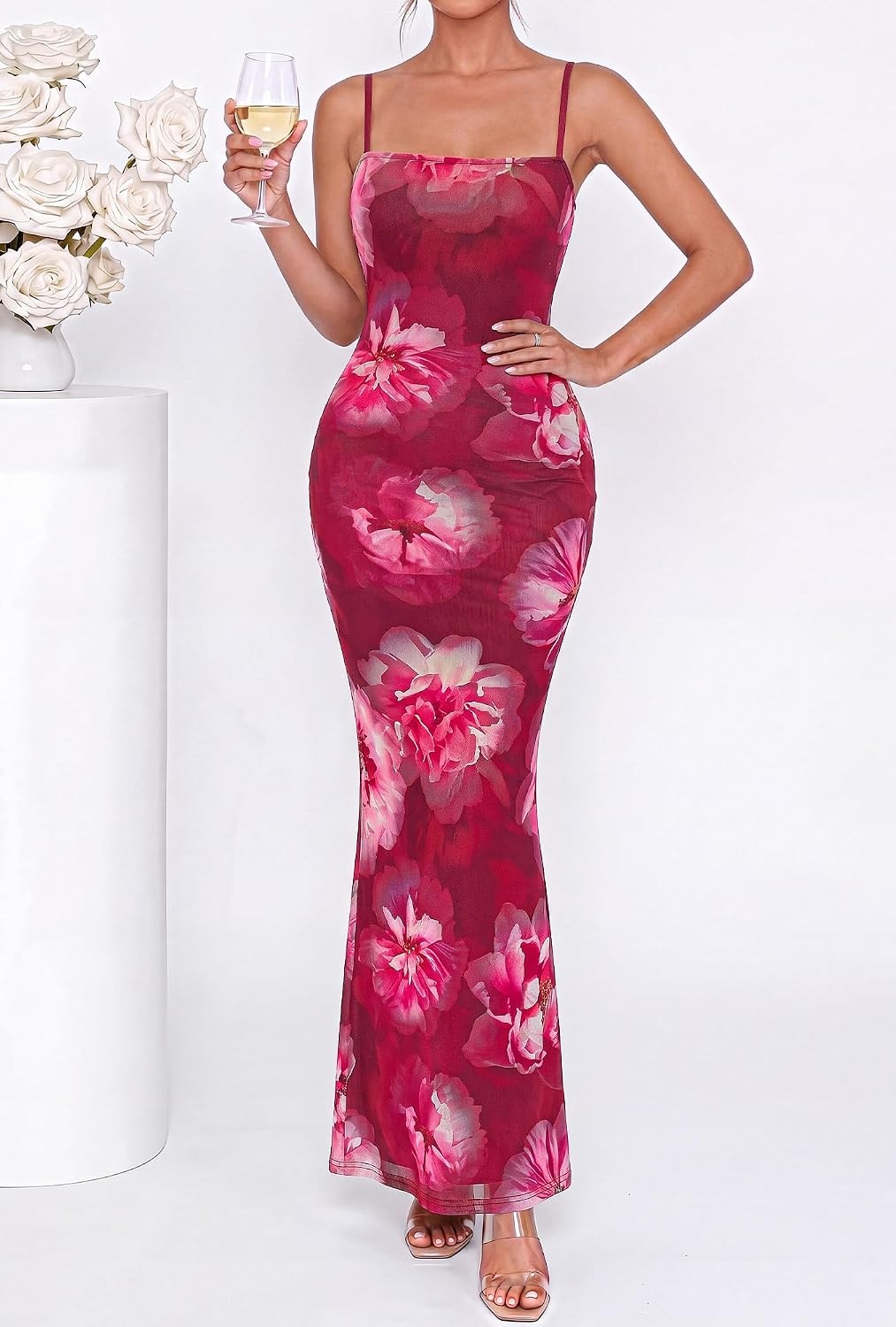 image:imageBTFBM Womens Summer Maxi Dress 2026 Floral Mesh Spaghetti Straps Sleeveless Sexy Bodycon Wedding Cocktail Party DressesFloral Rose Pink