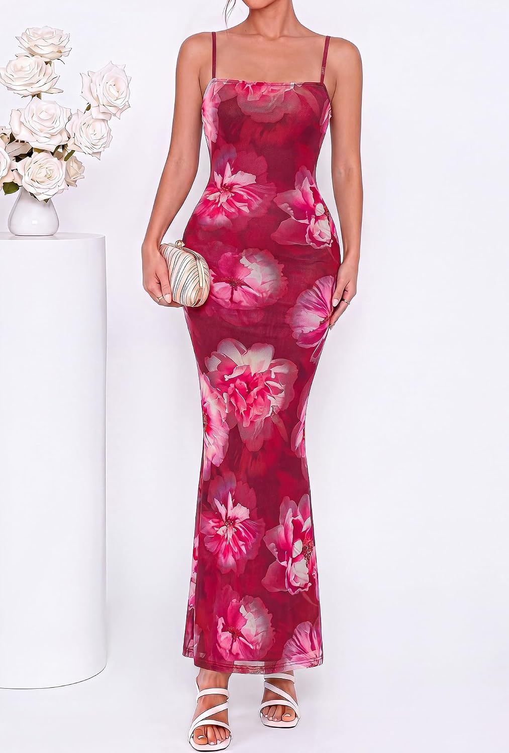 image:imageBTFBM Womens Summer Maxi Dress 2026 Floral Mesh Spaghetti Straps Sleeveless Sexy Bodycon Wedding Cocktail Party DressesFloral Rose Pink