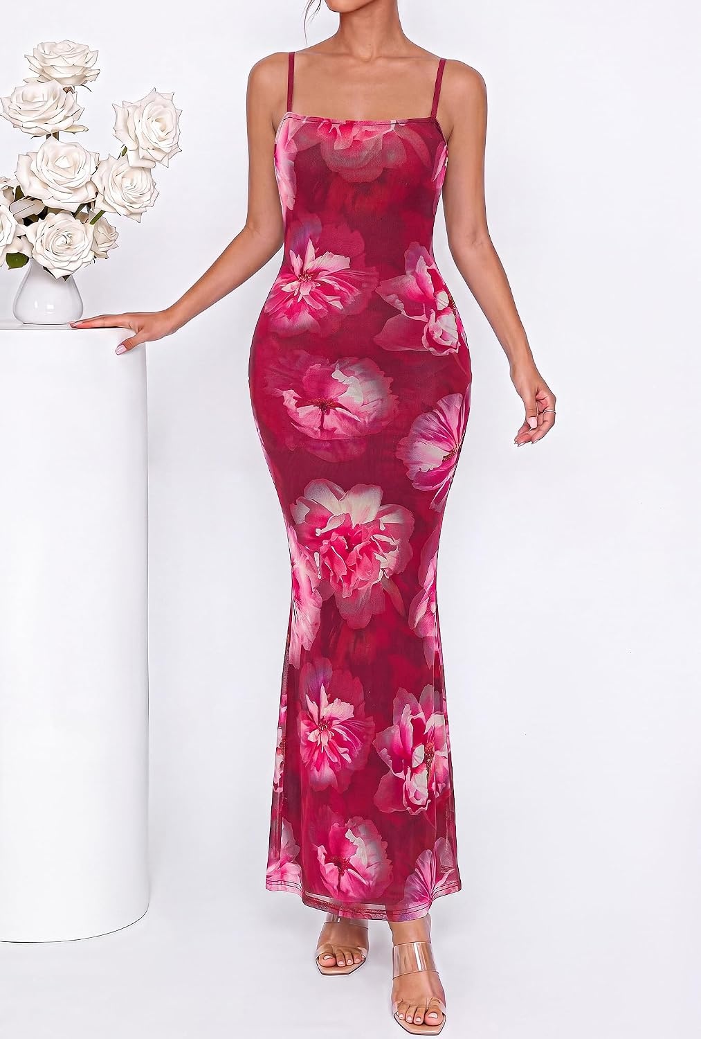 image:imageBTFBM Womens Summer Maxi Dress 2026 Floral Mesh Spaghetti Straps Sleeveless Sexy Bodycon Wedding Cocktail Party DressesFloral Rose Pink