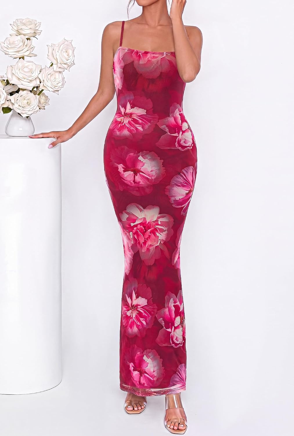 image:imageBTFBM Womens Summer Maxi Dress 2026 Floral Mesh Spaghetti Straps Sleeveless Sexy Bodycon Wedding Cocktail Party DressesFloral Rose Pink