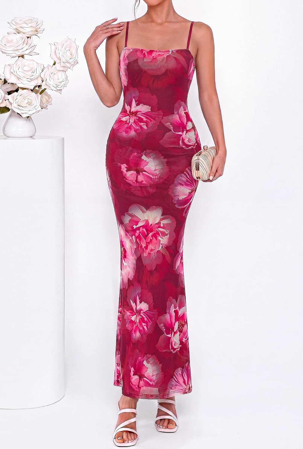 image:imageBTFBM Womens Summer Maxi Dress 2026 Floral Mesh Spaghetti Straps Sleeveless Sexy Bodycon Wedding Cocktail Party DressesFloral Rose Pink