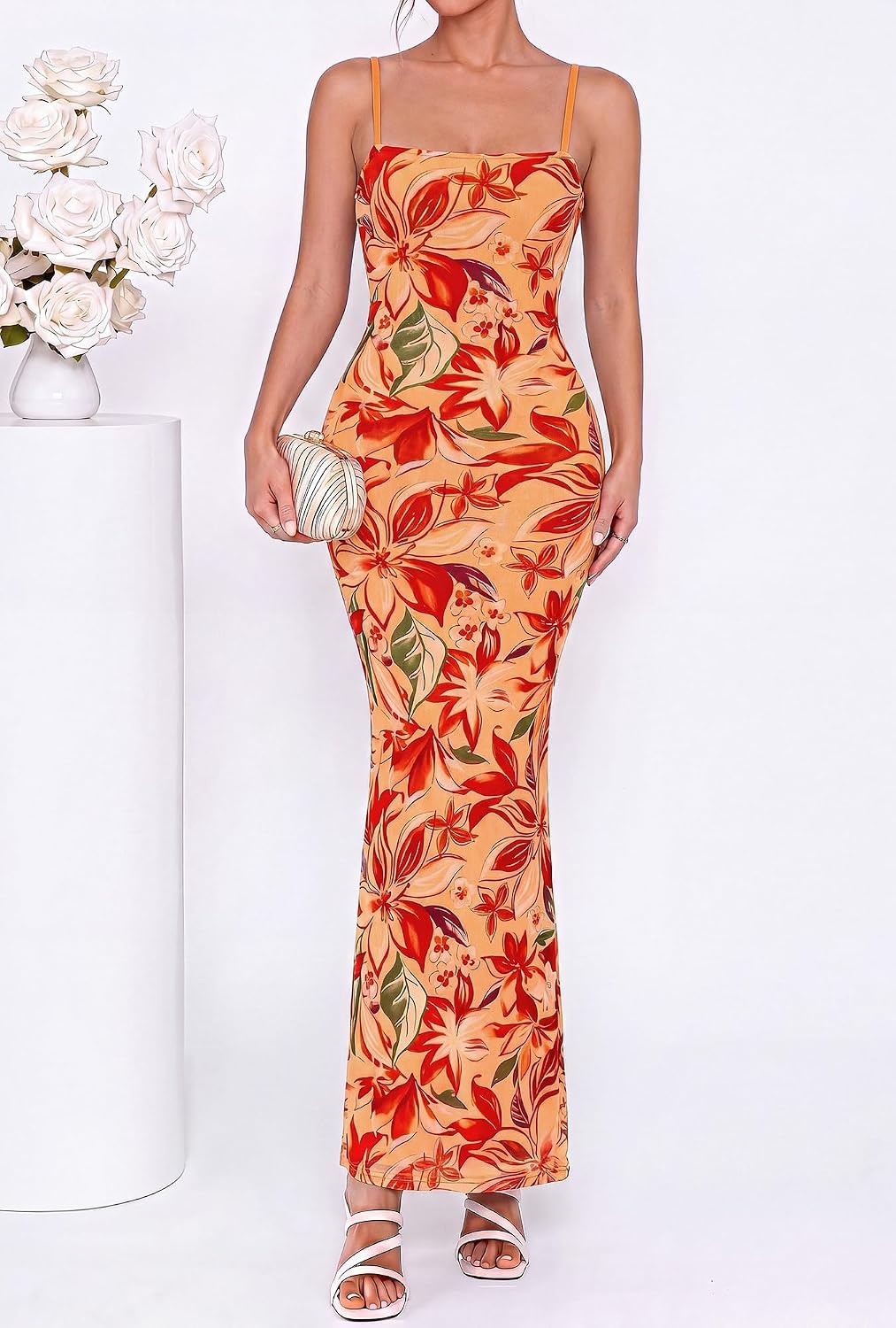 image:imageBTFBM Womens Summer Maxi Dress 2026 Floral Mesh Spaghetti Straps Sleeveless Sexy Bodycon Wedding Cocktail Party DressesFloral Yellow Red
