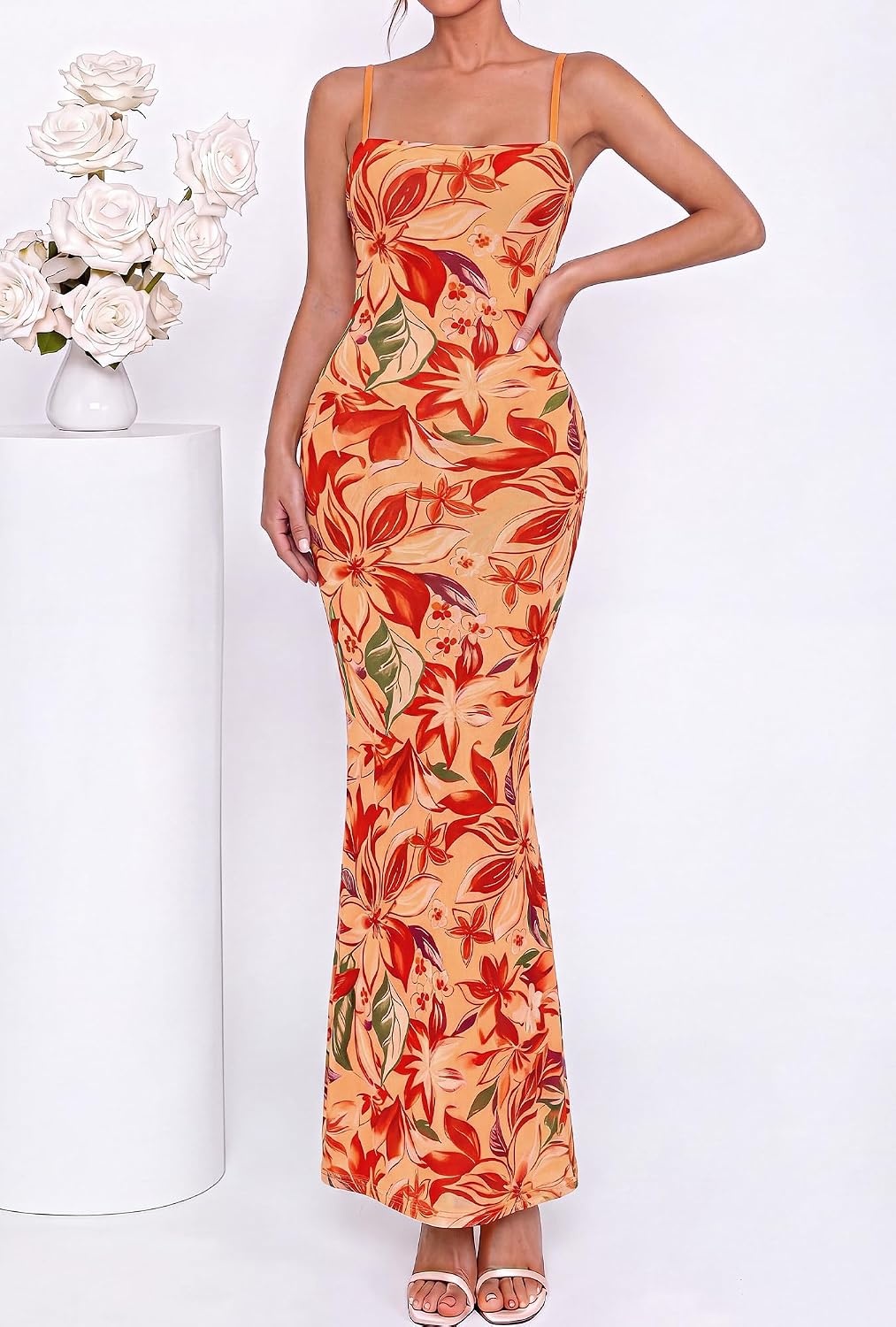 image:imageBTFBM Womens Summer Maxi Dress 2026 Floral Mesh Spaghetti Straps Sleeveless Sexy Bodycon Wedding Cocktail Party DressesFloral Yellow Red