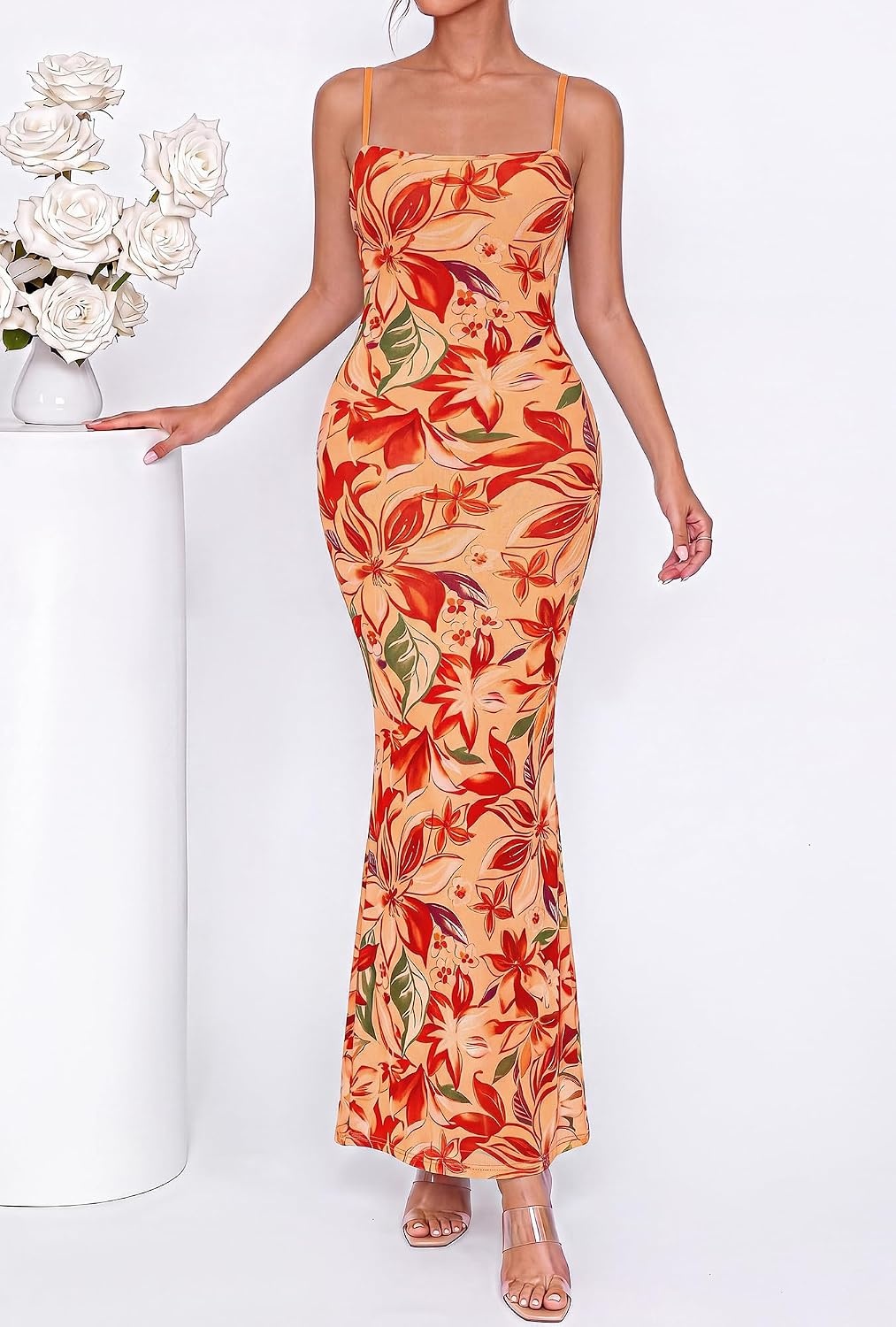 image:imageBTFBM Womens Summer Maxi Dress 2026 Floral Mesh Spaghetti Straps Sleeveless Sexy Bodycon Wedding Cocktail Party DressesFloral Yellow Red