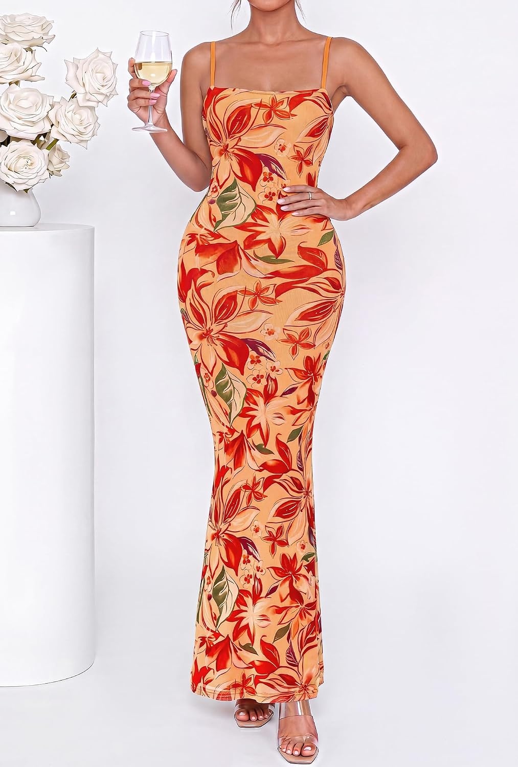 image:imageBTFBM Womens Summer Maxi Dress 2026 Floral Mesh Spaghetti Straps Sleeveless Sexy Bodycon Wedding Cocktail Party DressesFloral Yellow Red
