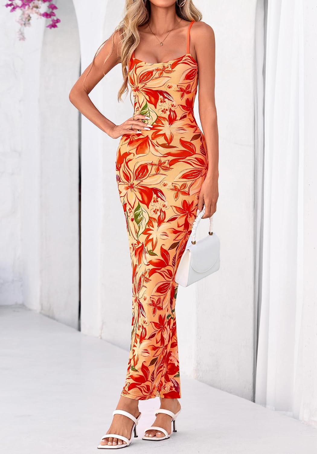 image:imageBTFBM Womens Summer Maxi Dress 2026 Floral Mesh Spaghetti Straps Sleeveless Sexy Bodycon Wedding Cocktail Party DressesFloral Yellow Red