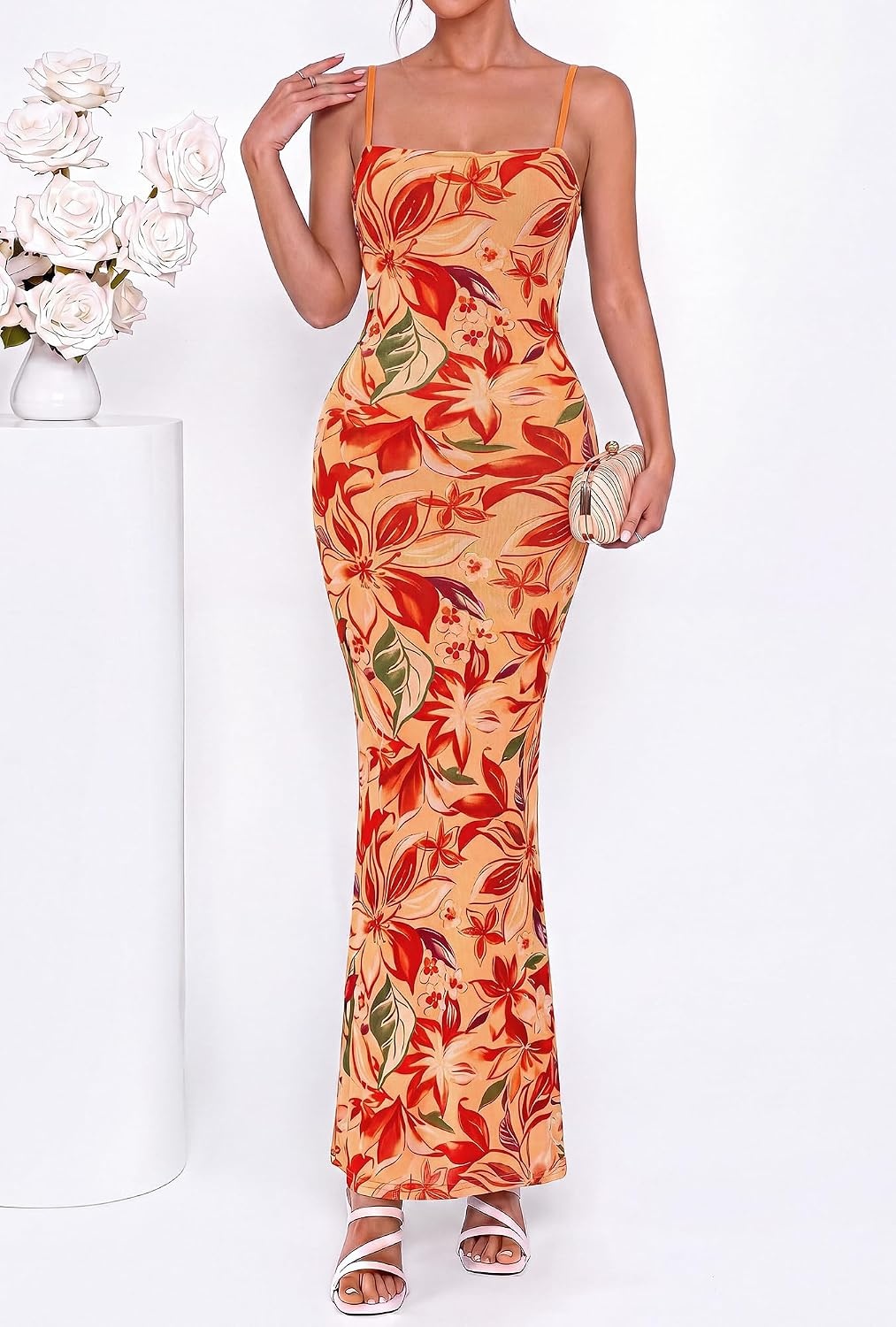 image:imageBTFBM Womens Summer Maxi Dress 2026 Floral Mesh Spaghetti Straps Sleeveless Sexy Bodycon Wedding Cocktail Party DressesFloral Yellow Red