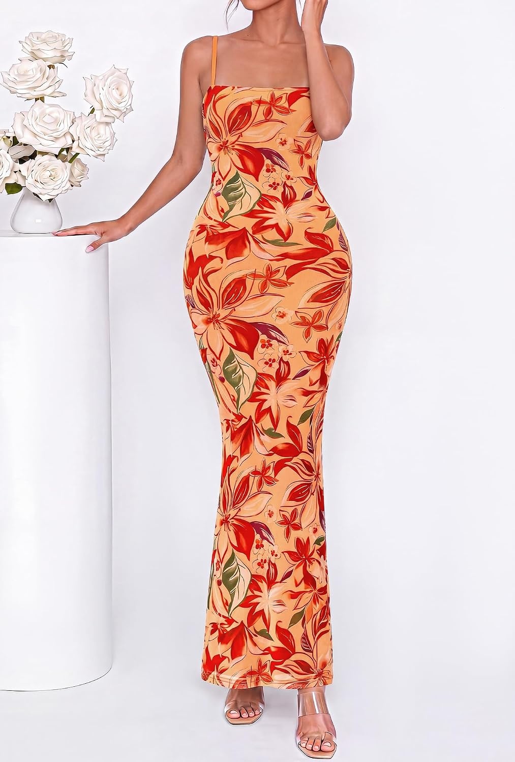 image:imageBTFBM Womens Summer Maxi Dress 2026 Floral Mesh Spaghetti Straps Sleeveless Sexy Bodycon Wedding Cocktail Party DressesFloral Yellow Red