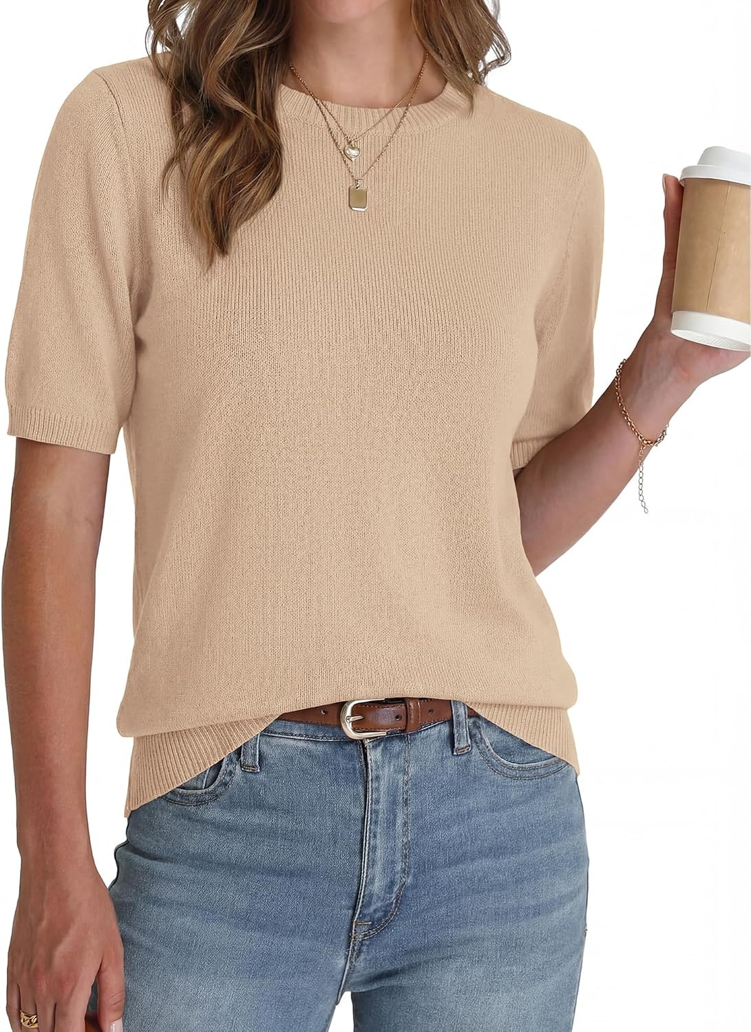 image:imageBTFBM Womens Summer Short Sleeve Tops Crew Neck SweatersApricot
