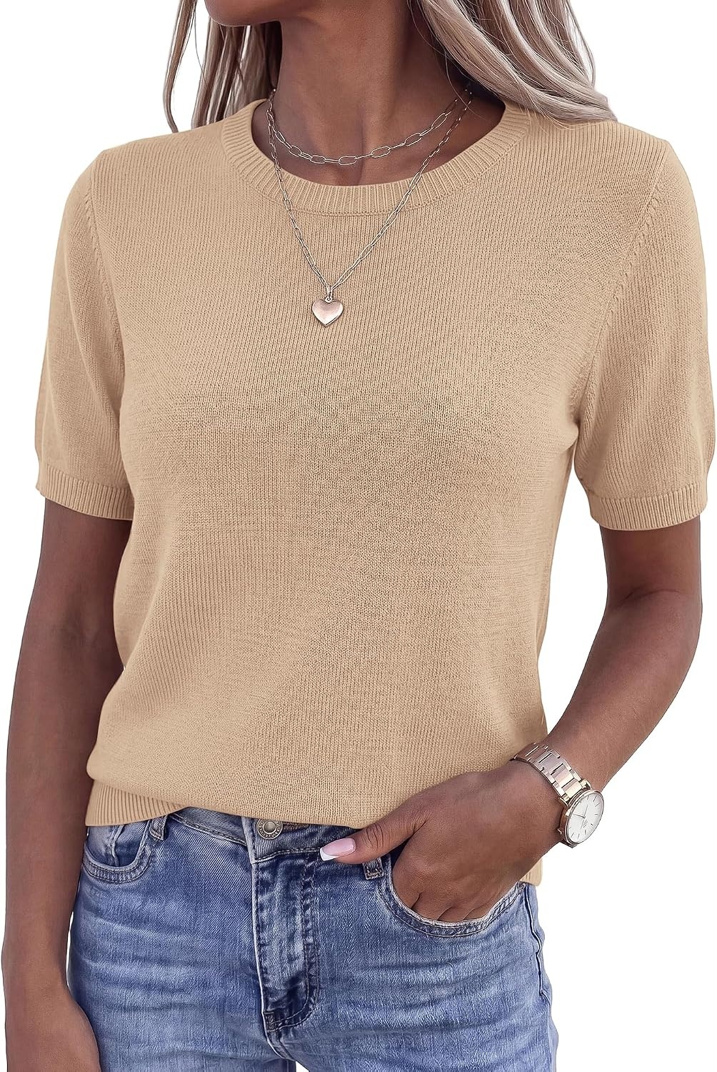 image:imageBTFBM Womens Summer Short Sleeve Tops Crew Neck SweatersApricot