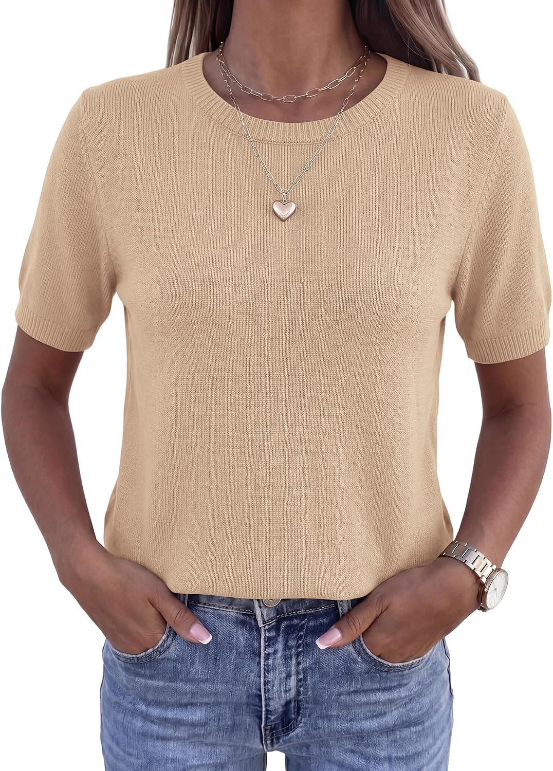 image:imageBTFBM Womens Summer Short Sleeve Tops Crew Neck SweatersApricot