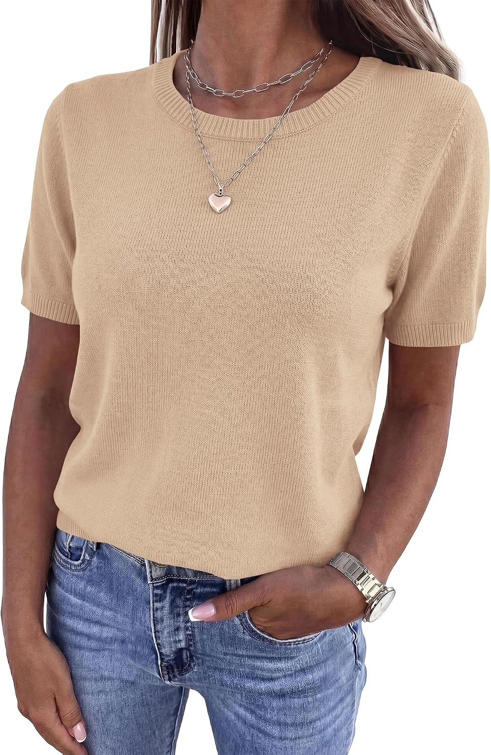 image:imageBTFBM Womens Summer Short Sleeve Tops Crew Neck SweatersApricot