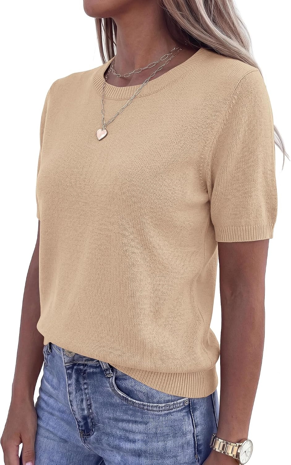 image:imageBTFBM Womens Summer Short Sleeve Tops Crew Neck SweatersApricot