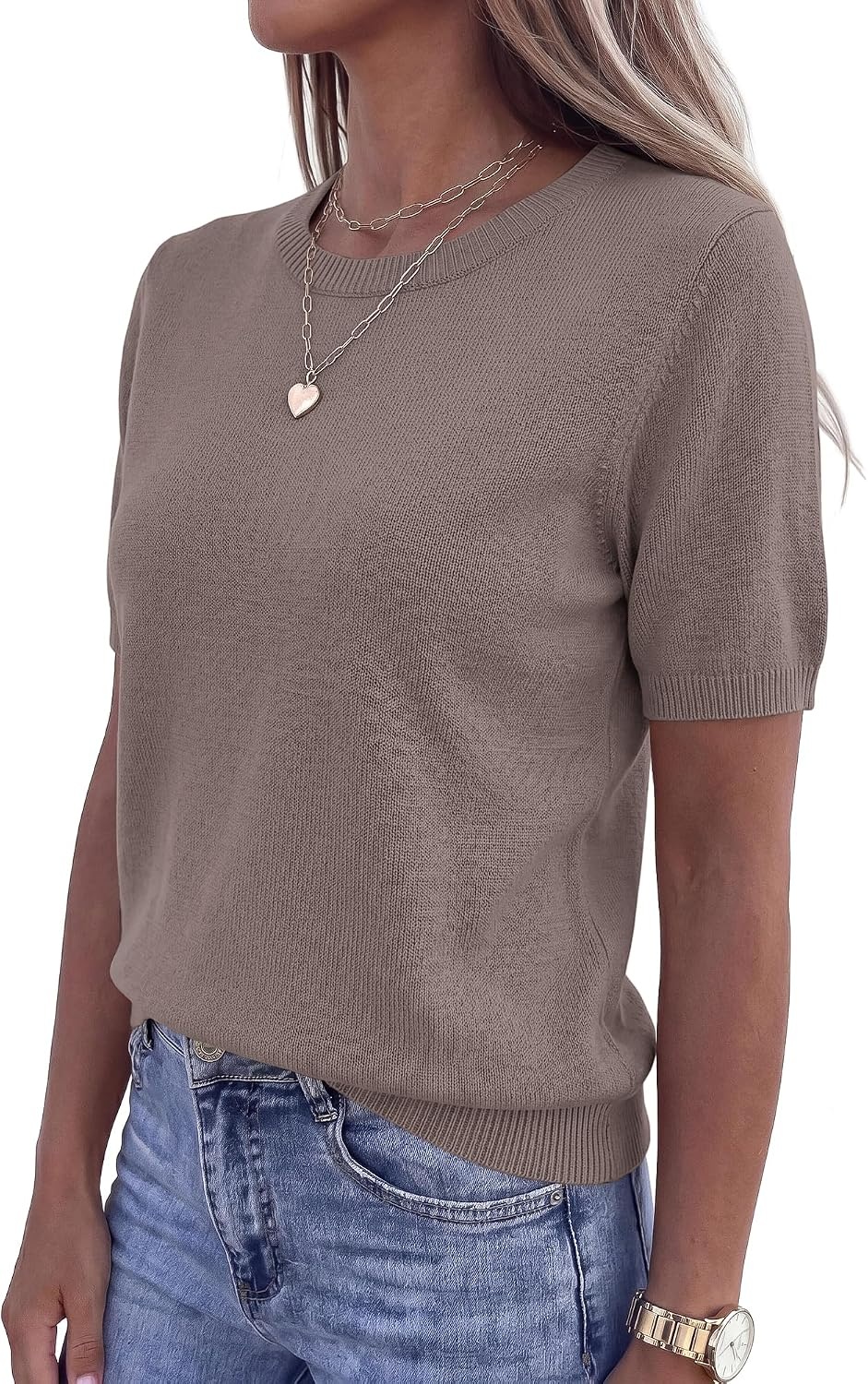 image:imageBTFBM Womens Summer Short Sleeve Tops Crew Neck SweatersApricot Khaki