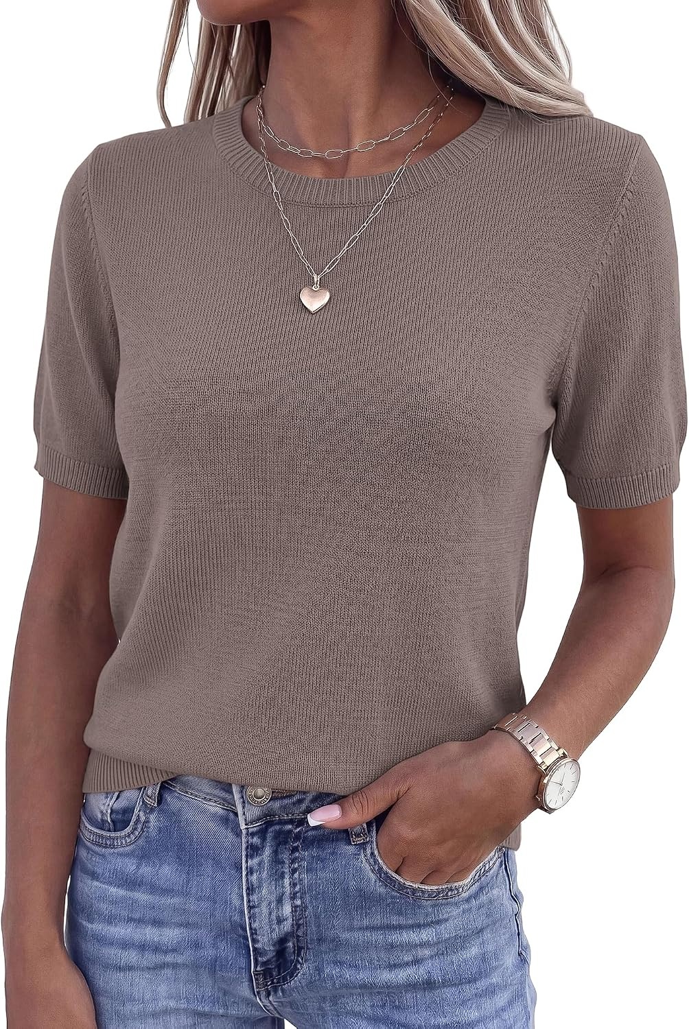 image:imageBTFBM Womens Summer Short Sleeve Tops Crew Neck SweatersApricot Khaki