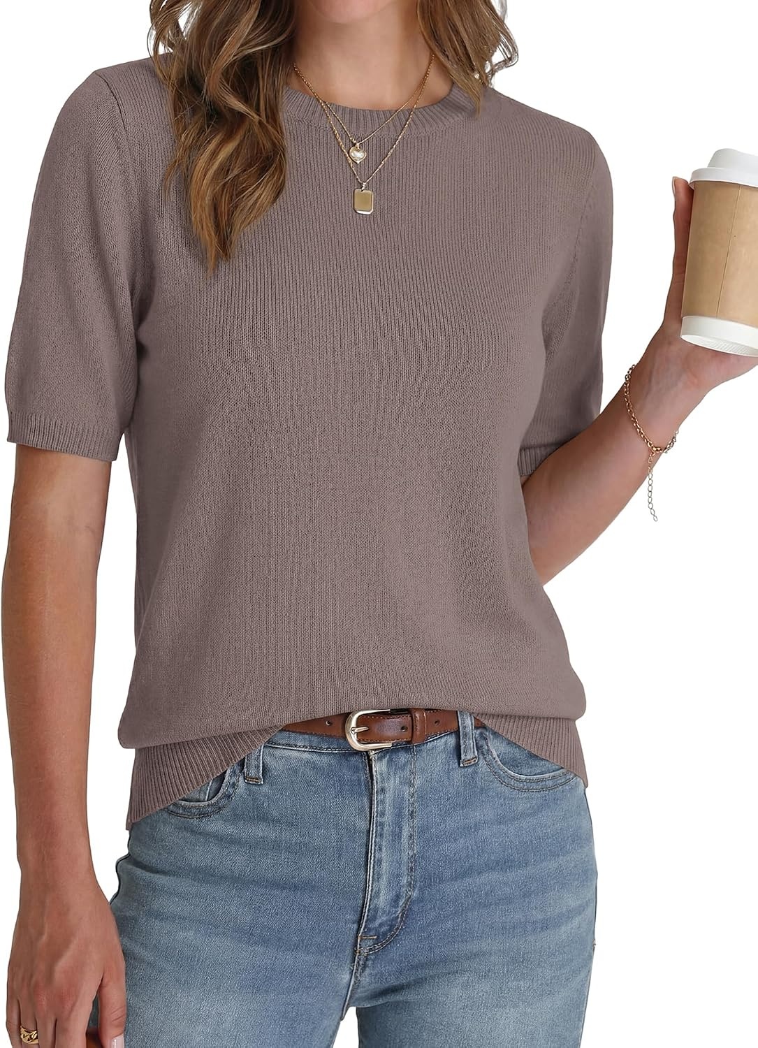image:imageBTFBM Womens Summer Short Sleeve Tops Crew Neck SweatersApricot Khaki