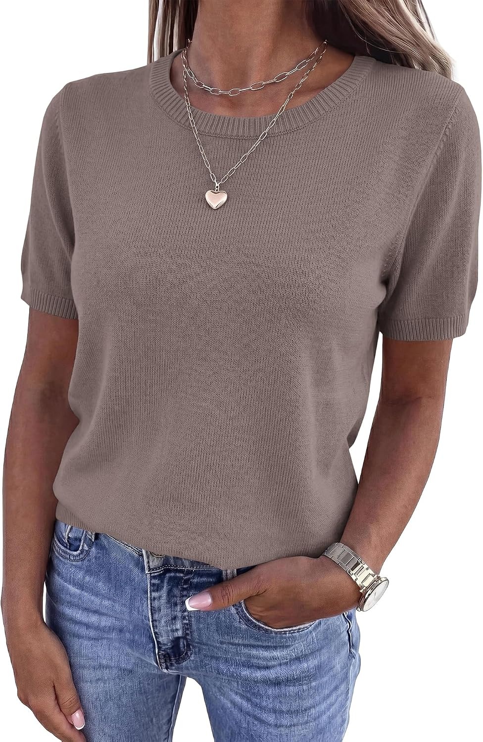 image:imageBTFBM Womens Summer Short Sleeve Tops Crew Neck SweatersApricot Khaki