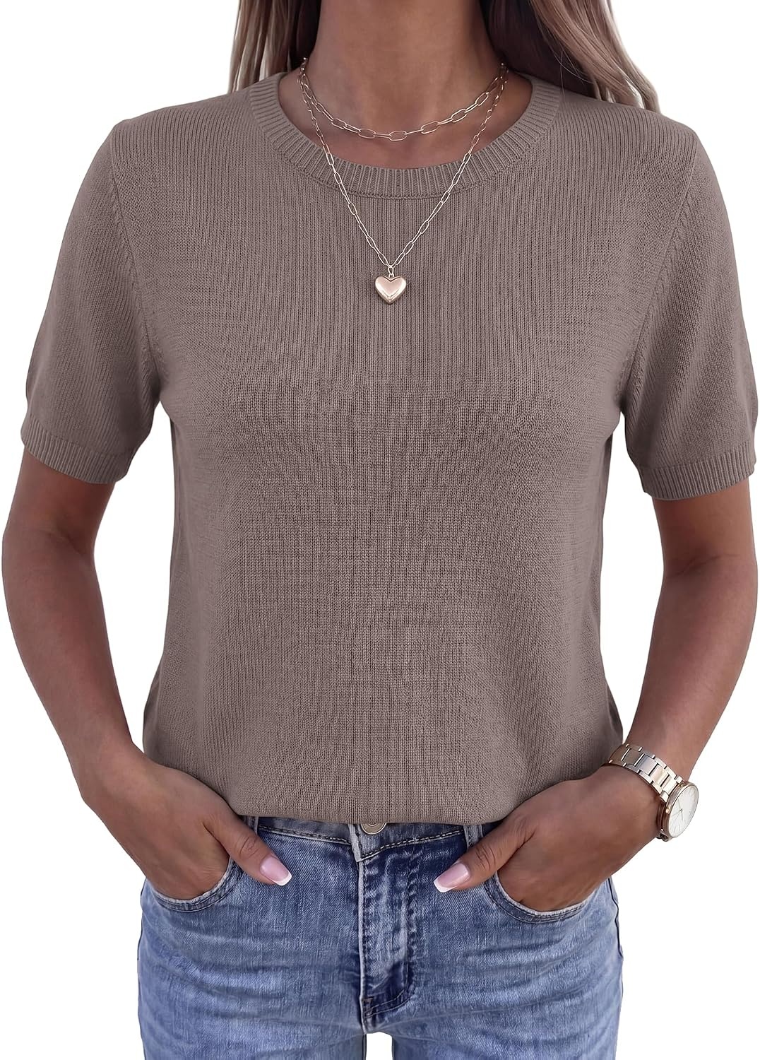 image:imageBTFBM Womens Summer Short Sleeve Tops Crew Neck SweatersApricot Khaki