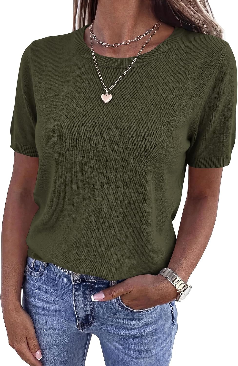 image:imageBTFBM Womens Summer Short Sleeve Tops Crew Neck SweatersArmy Green