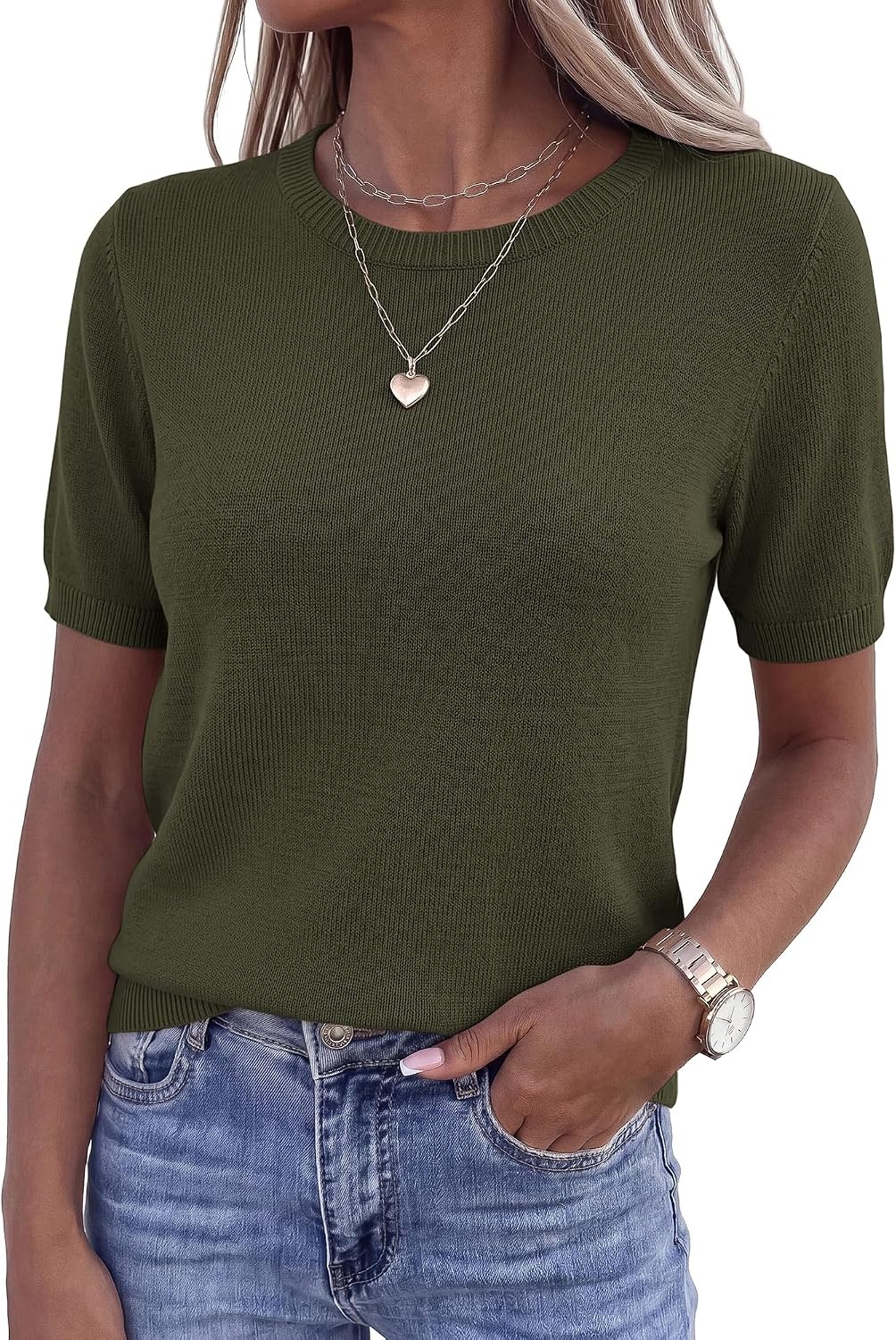 image:imageBTFBM Womens Summer Short Sleeve Tops Crew Neck SweatersArmy Green