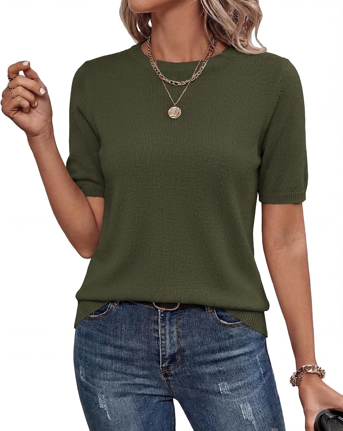 image:imageBTFBM Womens Summer Short Sleeve Tops Crew Neck SweatersArmy Green