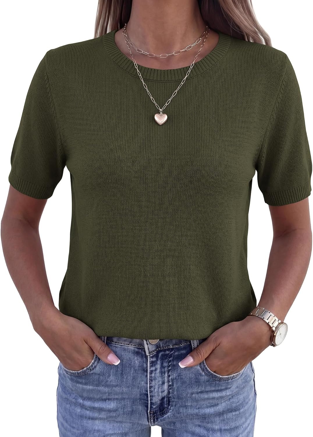 image:imageBTFBM Womens Summer Short Sleeve Tops Crew Neck SweatersArmy Green