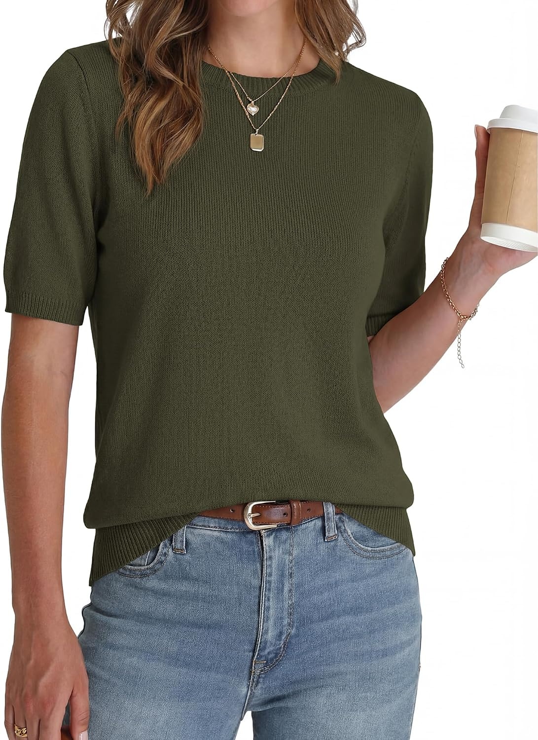 image:imageBTFBM Womens Summer Short Sleeve Tops Crew Neck SweatersArmy Green