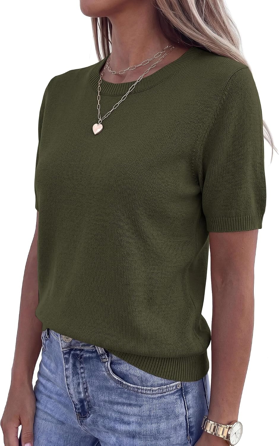 image:imageBTFBM Womens Summer Short Sleeve Tops Crew Neck SweatersArmy Green