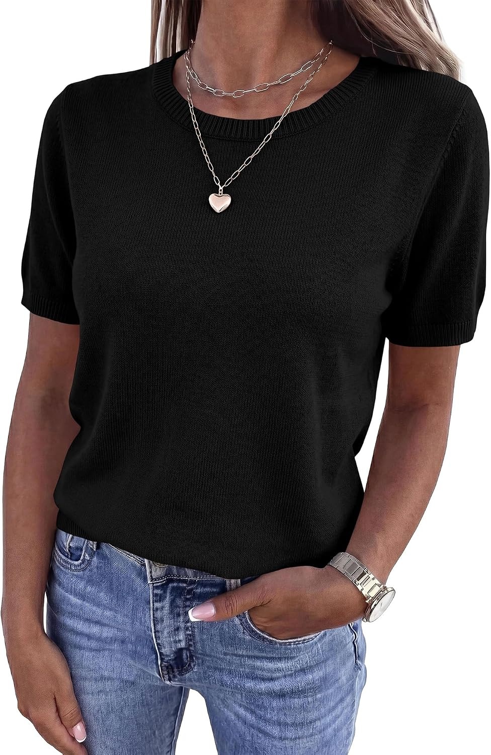 image:imageBTFBM Womens Summer Short Sleeve Tops Crew Neck SweatersBlack