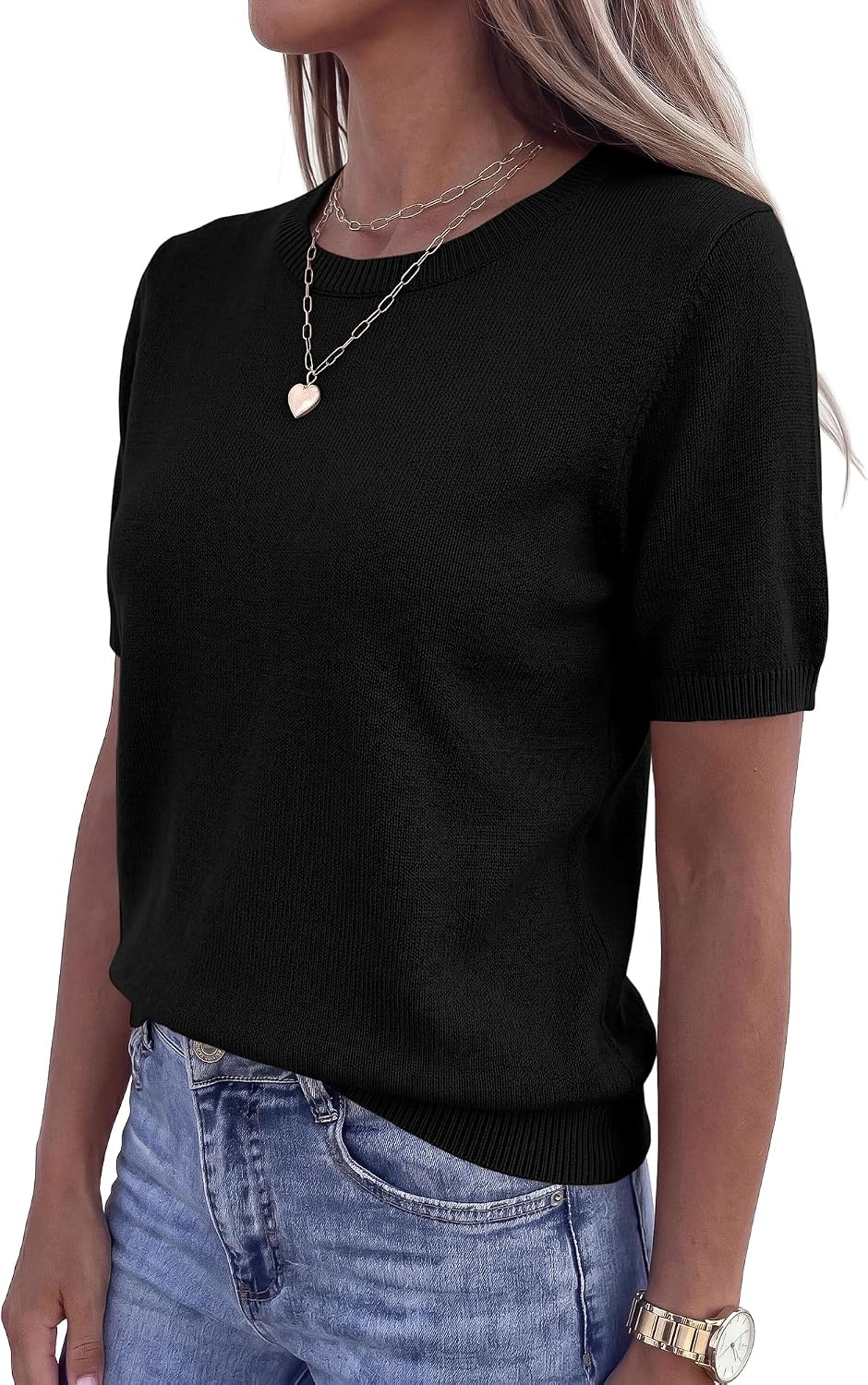 image:imageBTFBM Womens Summer Short Sleeve Tops Crew Neck SweatersBlack