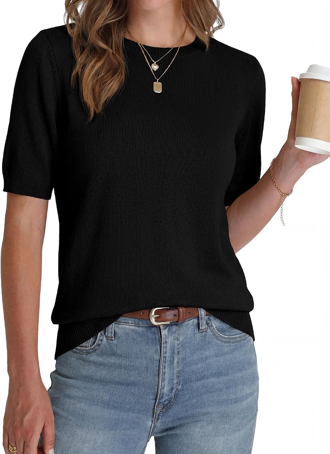 image:imageBTFBM Womens Summer Short Sleeve Tops Crew Neck SweatersBlack