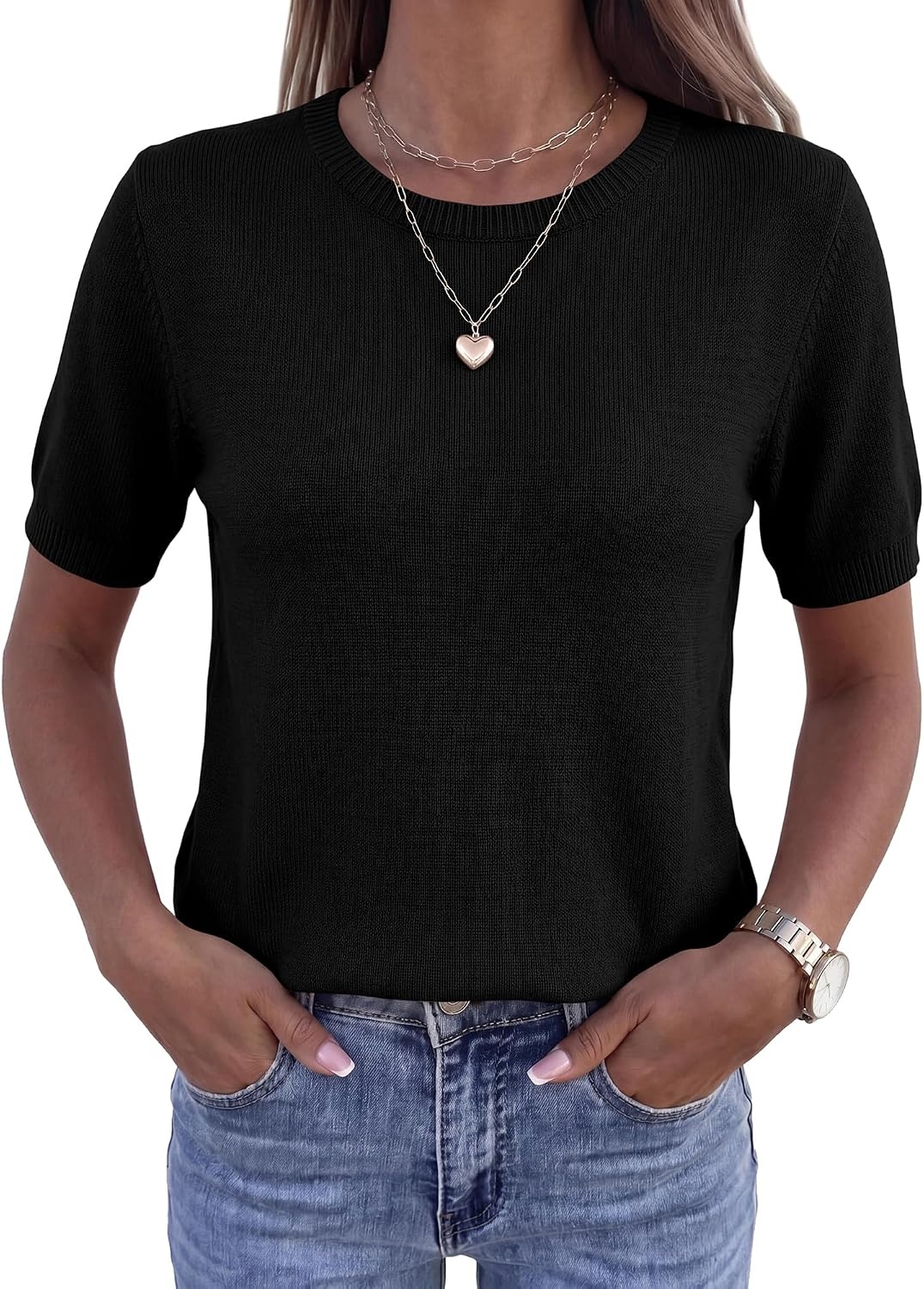 image:imageBTFBM Womens Summer Short Sleeve Tops Crew Neck SweatersBlack