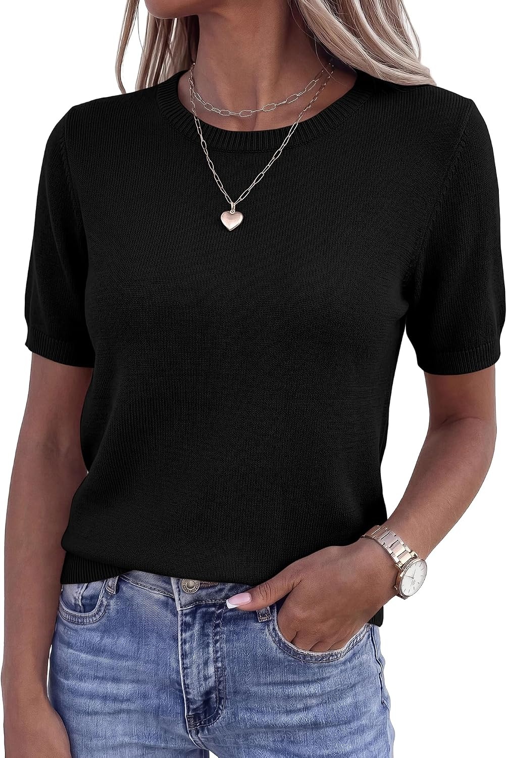 image:imageBTFBM Womens Summer Short Sleeve Tops Crew Neck SweatersBlack