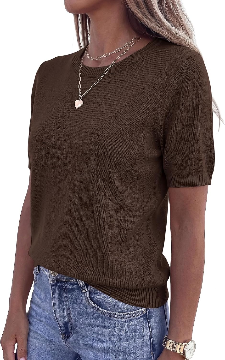 image:imageBTFBM Womens Summer Short Sleeve Tops Crew Neck SweatersBrown