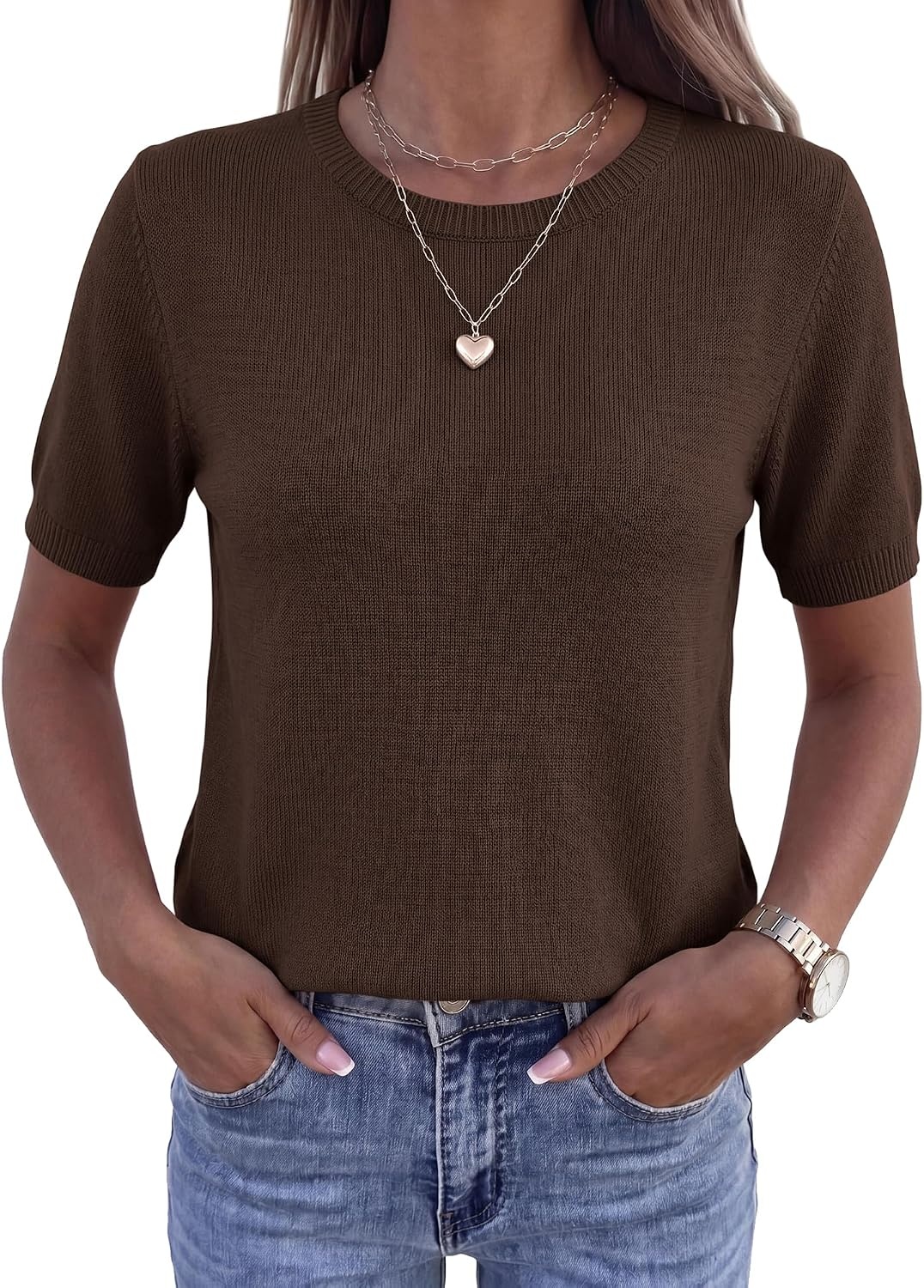 image:imageBTFBM Womens Summer Short Sleeve Tops Crew Neck SweatersBrown