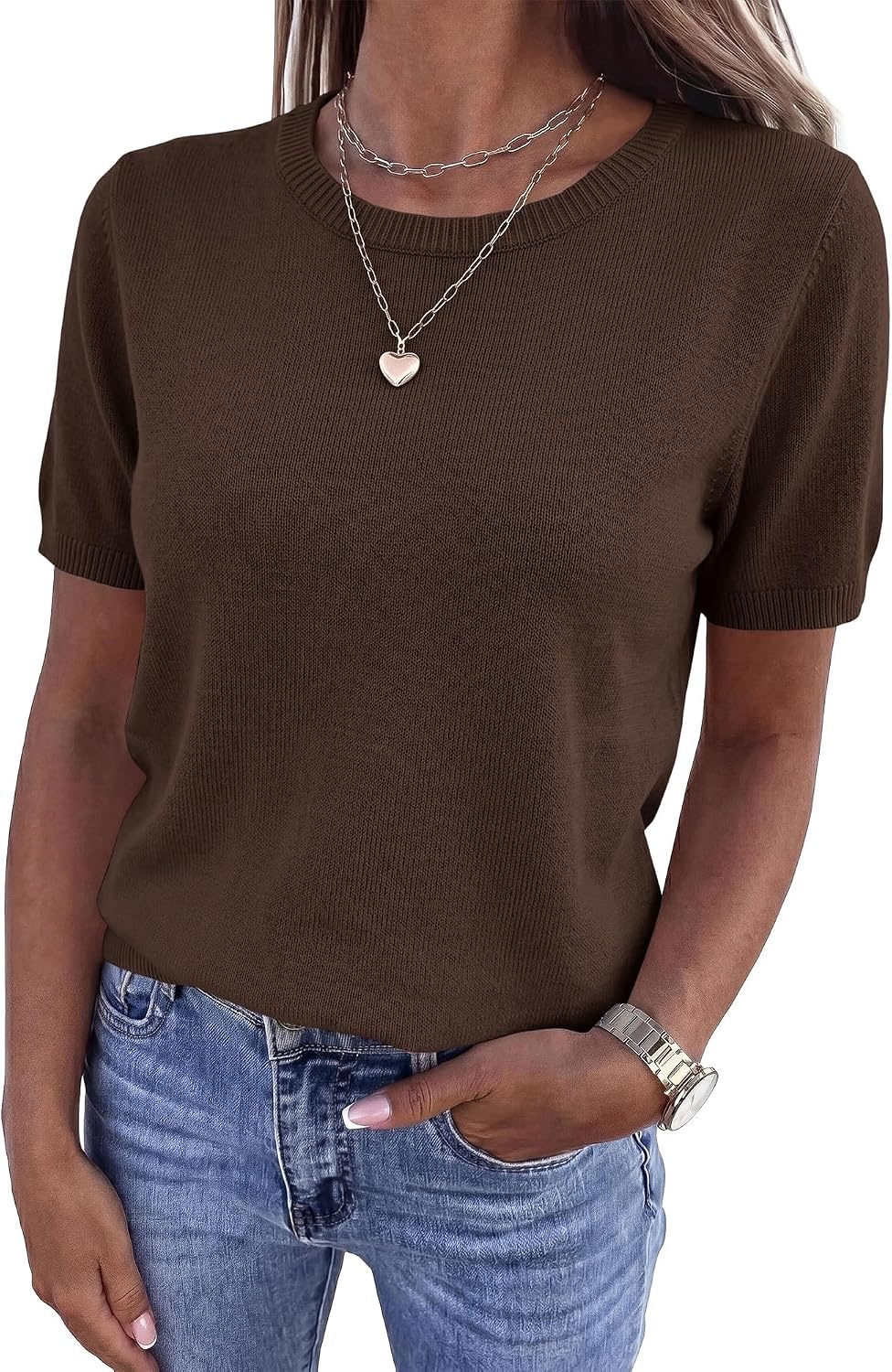 image:imageBTFBM Womens Summer Short Sleeve Tops Crew Neck SweatersBrown
