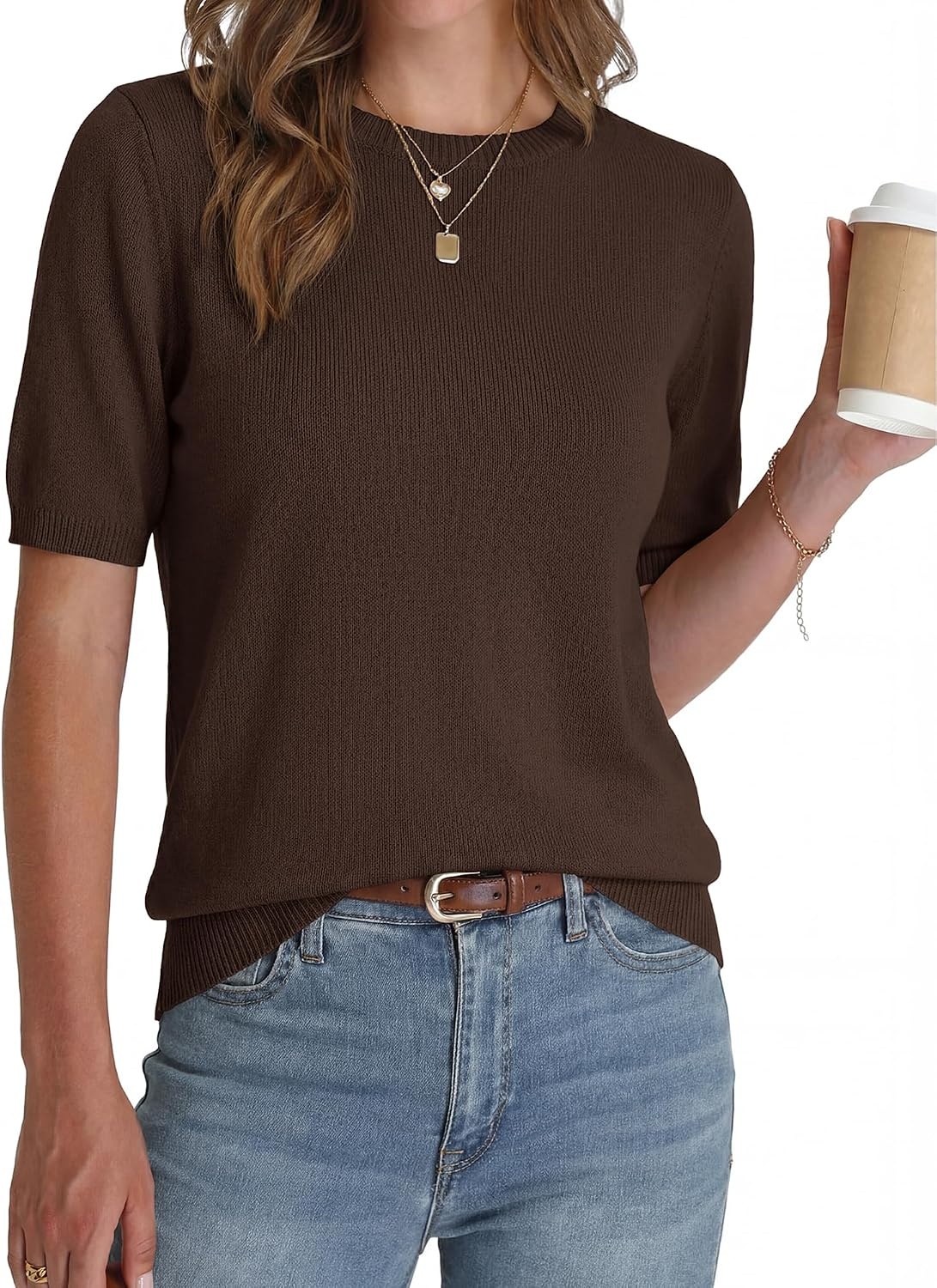 image:imageBTFBM Womens Summer Short Sleeve Tops Crew Neck SweatersBrown