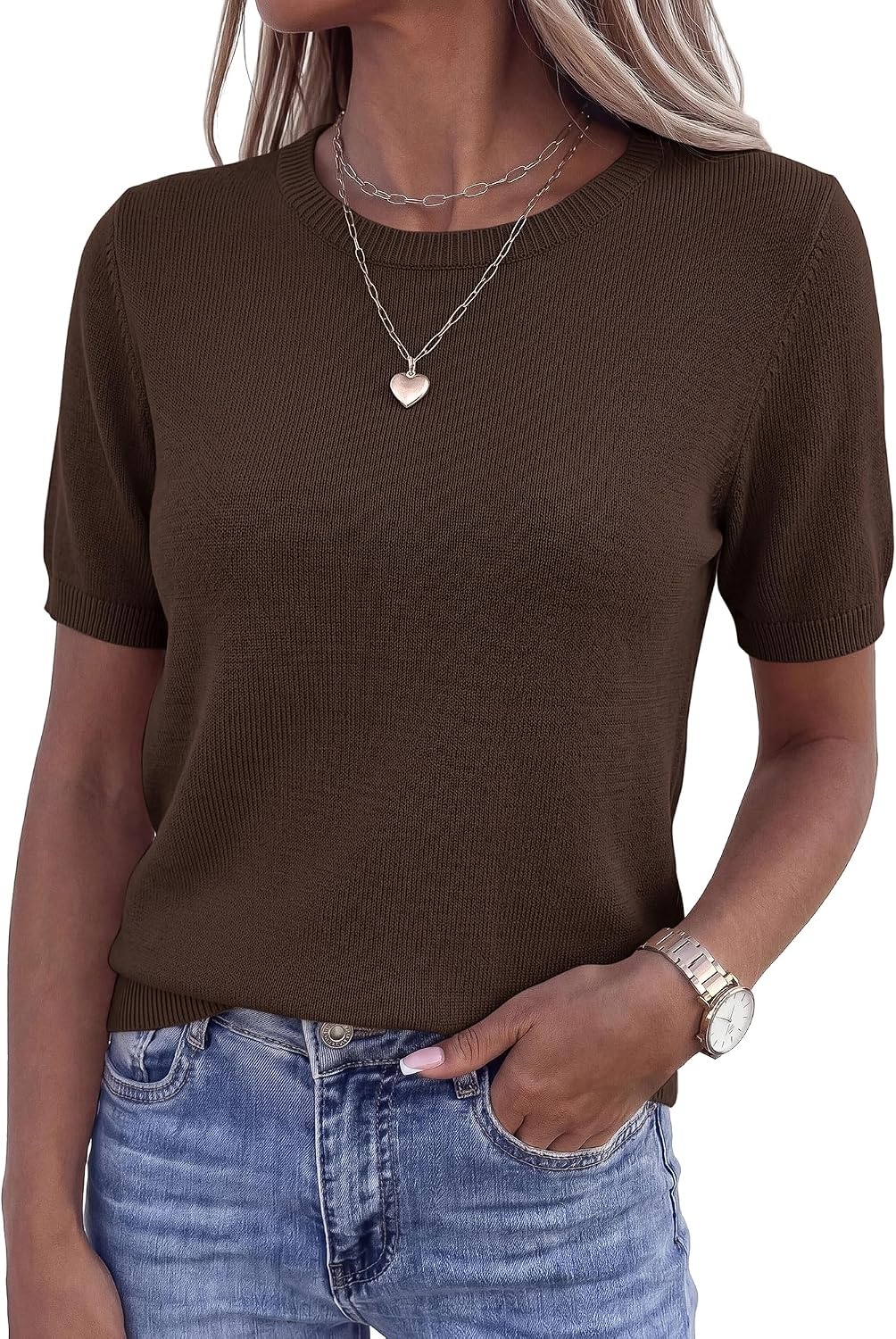 image:imageBTFBM Womens Summer Short Sleeve Tops Crew Neck SweatersBrown