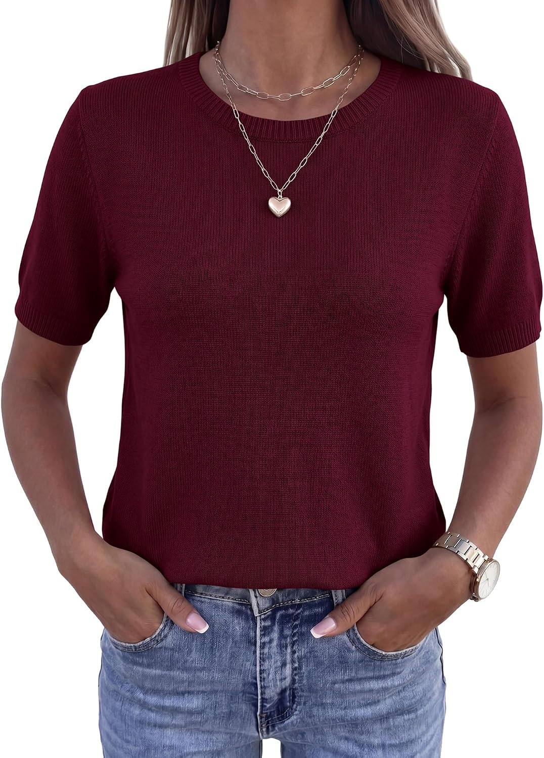 image:imageBTFBM Womens Summer Short Sleeve Tops Crew Neck SweatersBurgundy