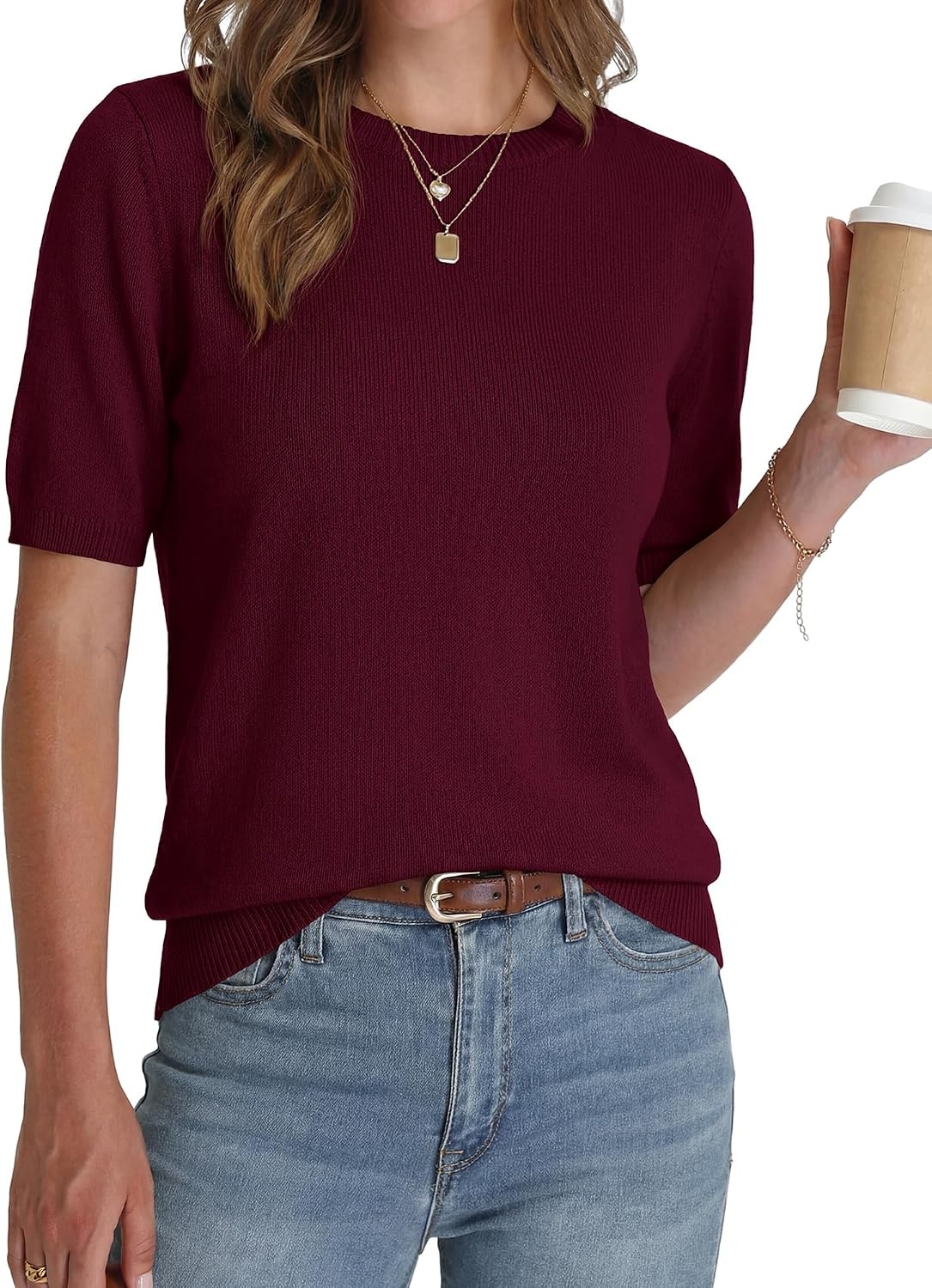 image:imageBTFBM Womens Summer Short Sleeve Tops Crew Neck SweatersBurgundy