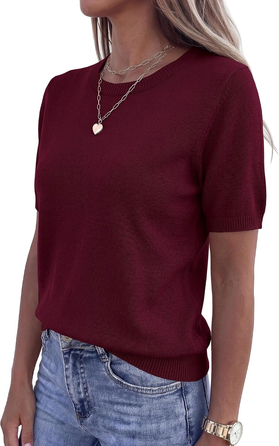 image:imageBTFBM Womens Summer Short Sleeve Tops Crew Neck SweatersBurgundy