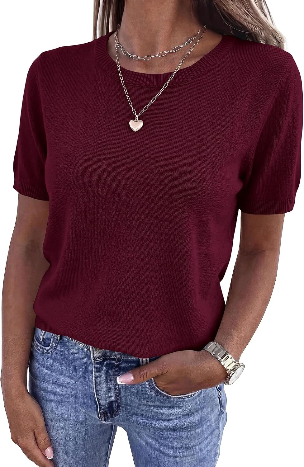 image:imageBTFBM Womens Summer Short Sleeve Tops Crew Neck SweatersBurgundy