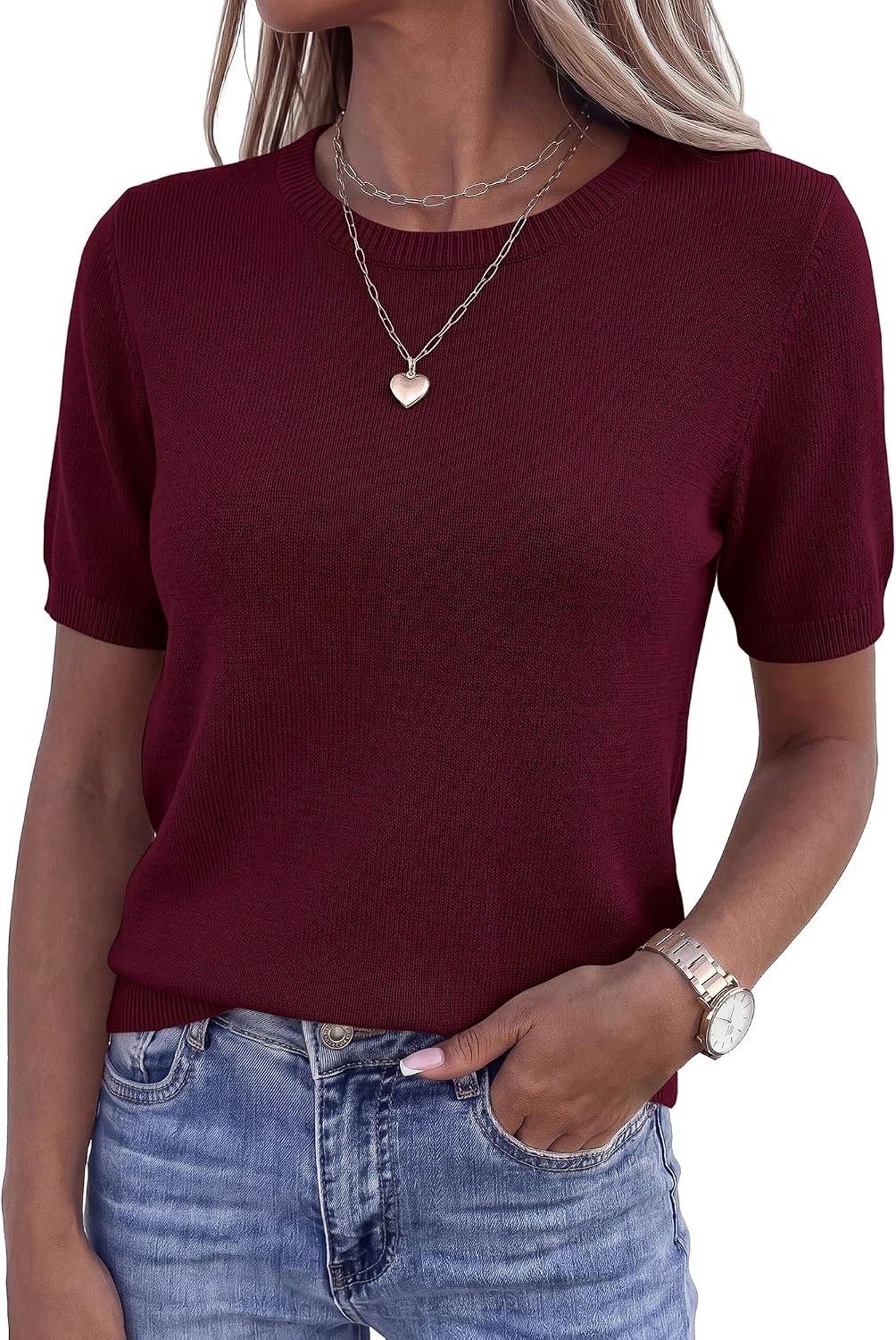 image:imageBTFBM Womens Summer Short Sleeve Tops Crew Neck SweatersBurgundy