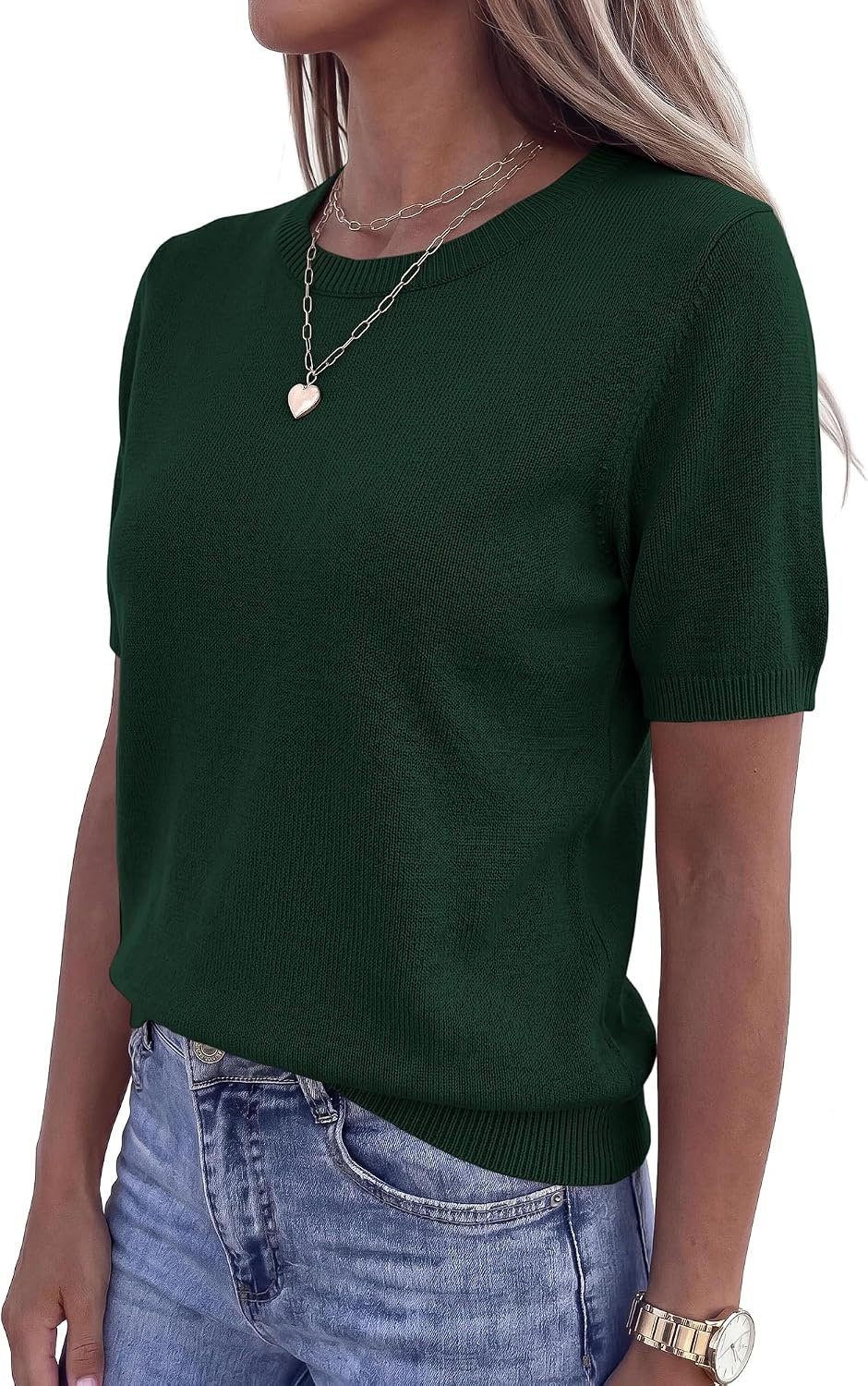 image:imageBTFBM Womens Summer Short Sleeve Tops Crew Neck SweatersDark Green